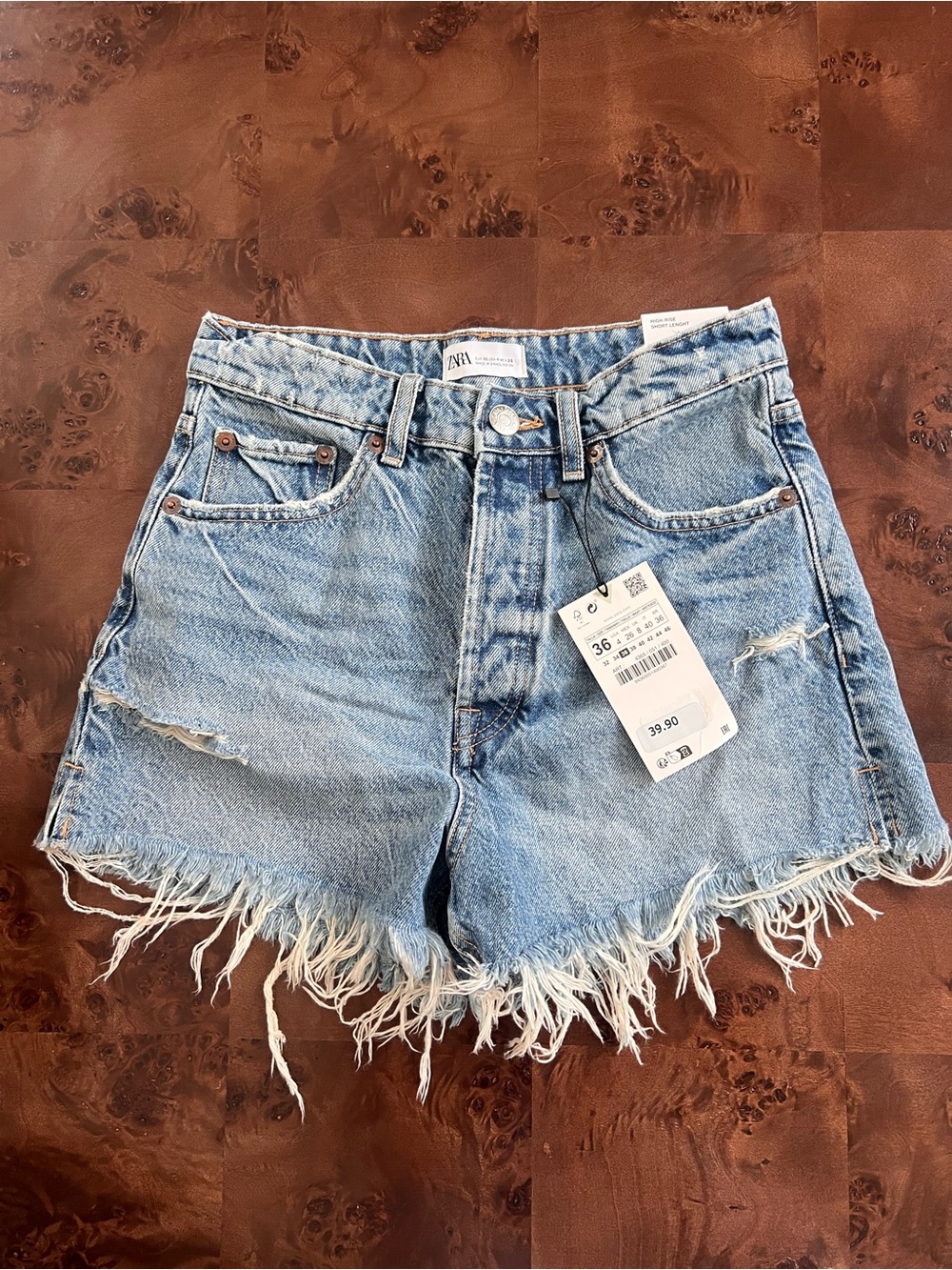 ZARA Light Blue High-Waist Distressed Denim Shorts
